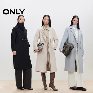 ONLY2025冬季新款含绵羊毛双面呢外套翻领中长款纯色毛呢大衣女