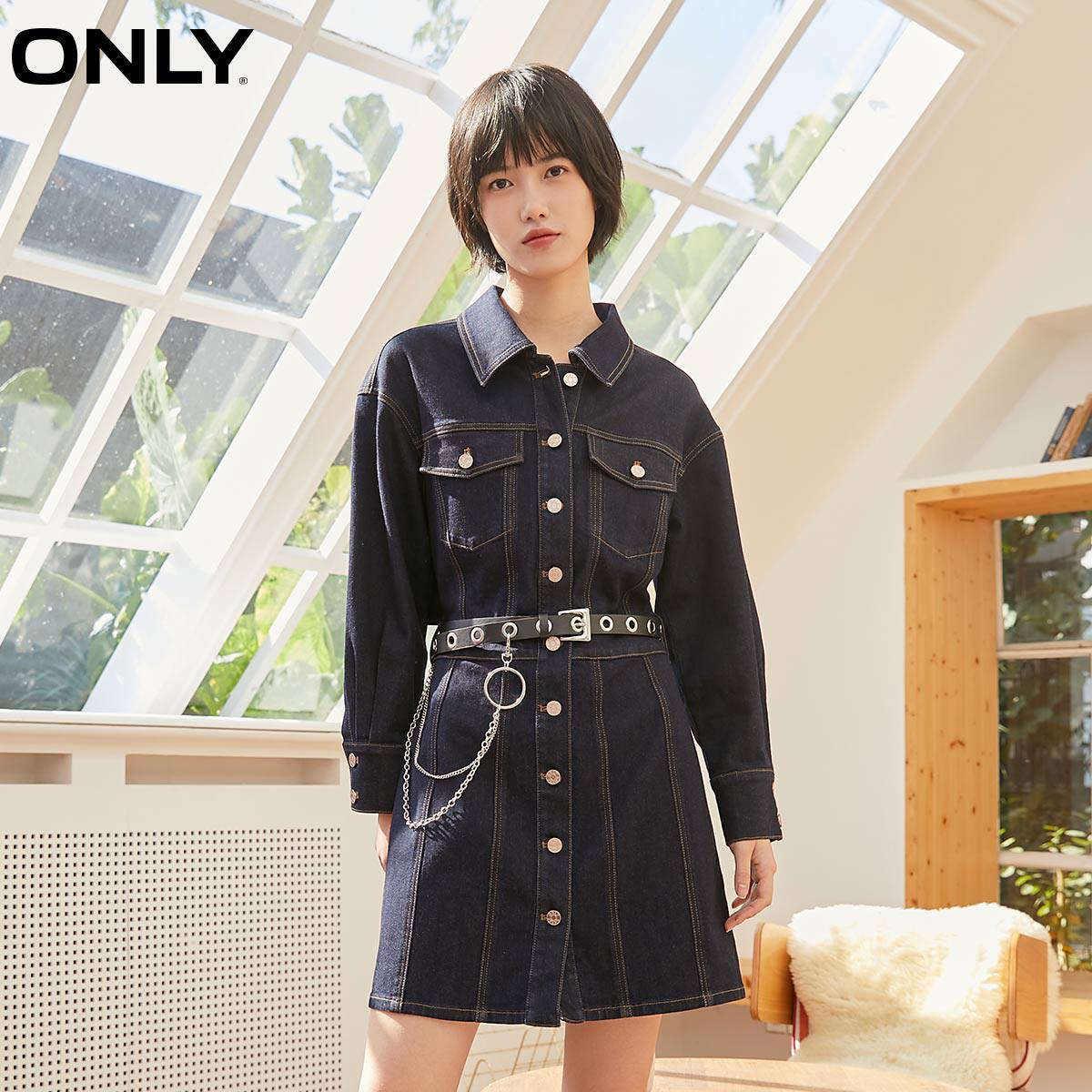 only2021长袖短款收腰牛仔女连衣裙 ONLYoutlets店连衣裙