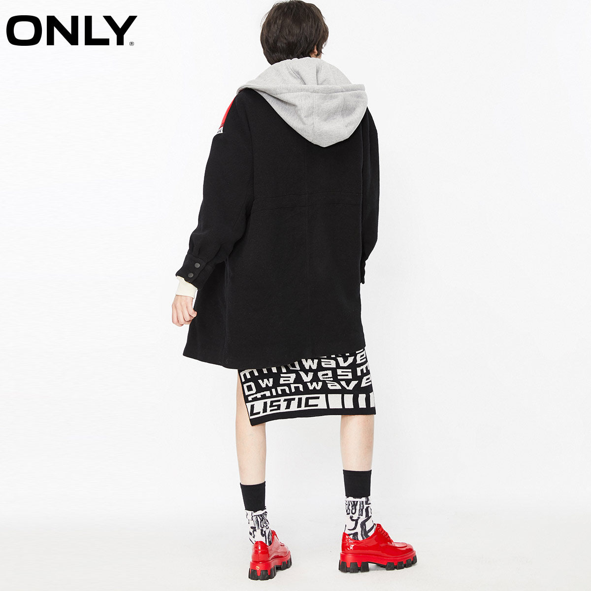 only奥莱加厚连帽中长款棒球服毛呢 ONLYoutlets店毛呢外套