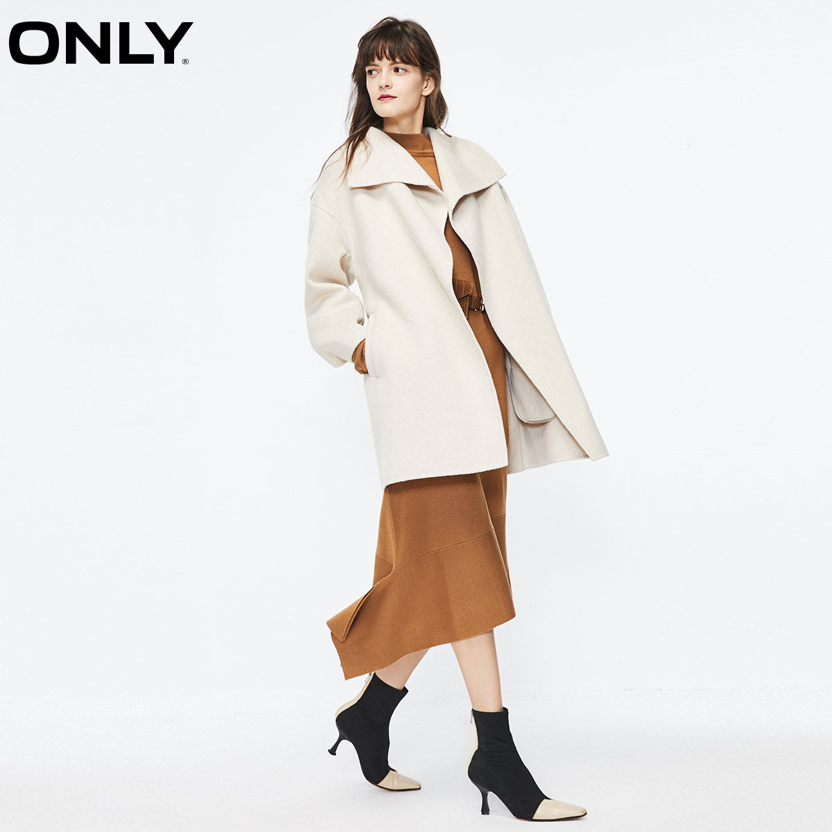 only奥莱气质柔软双面呢翻领系带女 ONLYoutlets店毛呢外套
