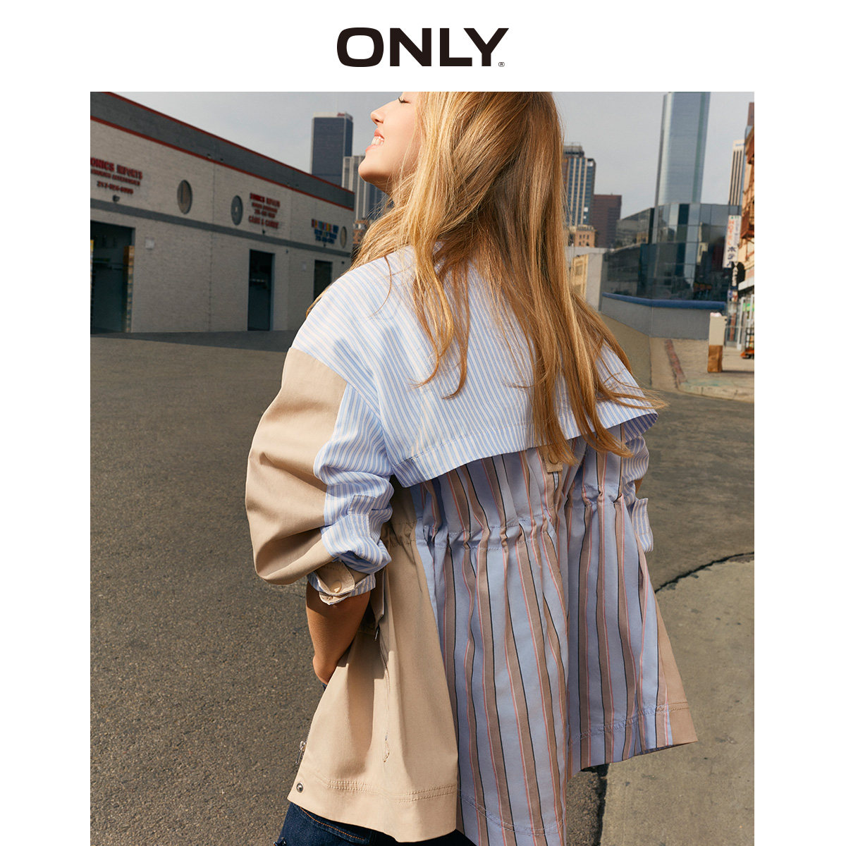 only奥莱秋季新款条纹拼接休闲潮流 ONLYoutlets店风衣