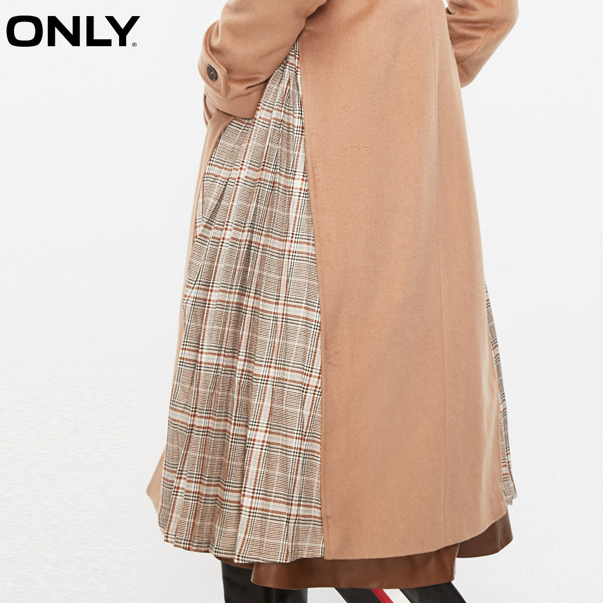 only奥莱格子中长款拼接毛呢女大衣 ONLYoutlets店毛呢外套