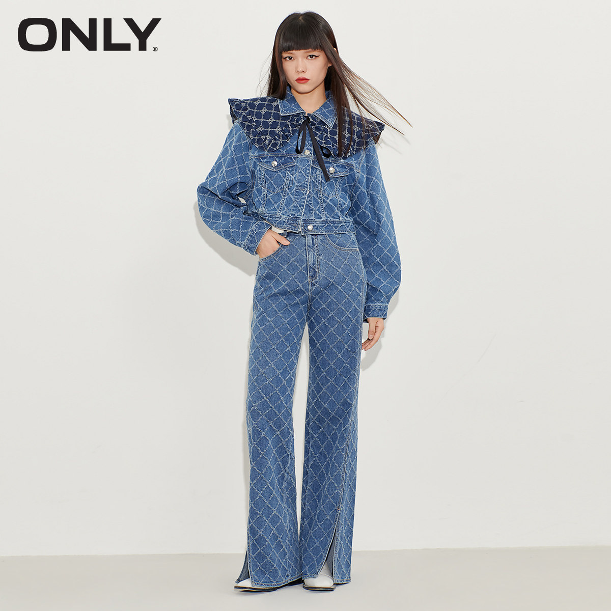 only2021冬季新款菱形钩花牛仔裤 ONLYoutlets店牛仔裤