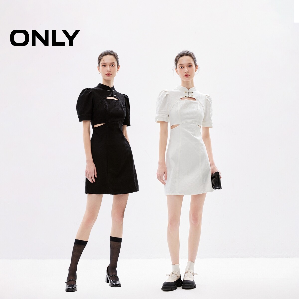 【新中式】ONLY奥莱春夏新款国风盘扣露腰牛仔短裙连衣裙女