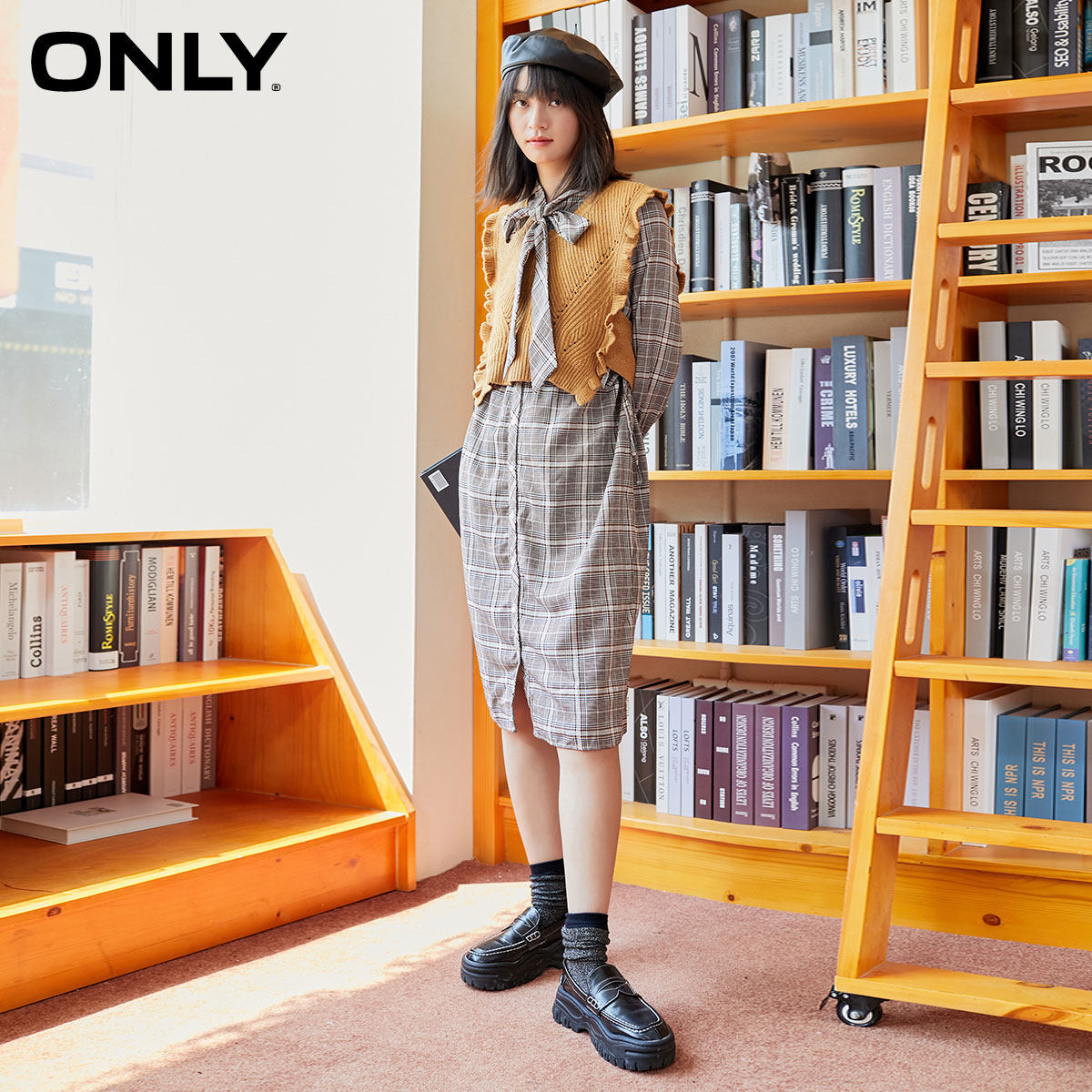 only夏季新款宽松长袖收腰格纹裙子 ONLYoutlets店连衣裙