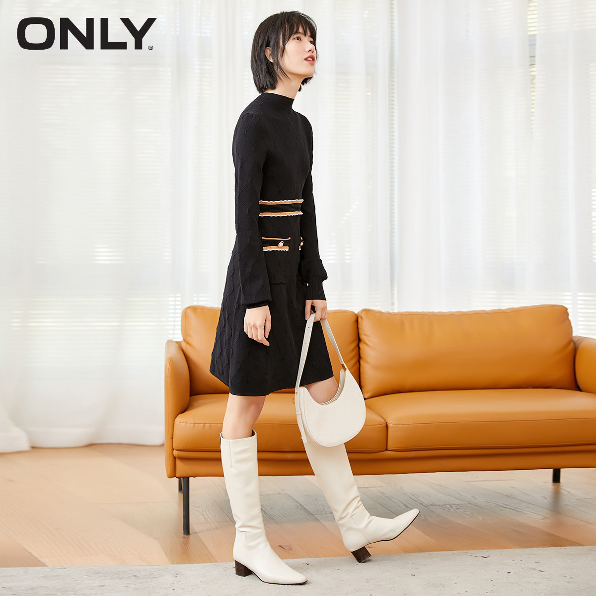 only冬季短款长袖撞色针织连衣裙 ONLYoutlets店连衣裙