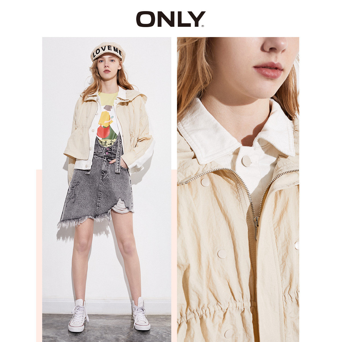 only奥莱秋季新款连帽收腰短款拼接 ONLYoutlets店风衣
