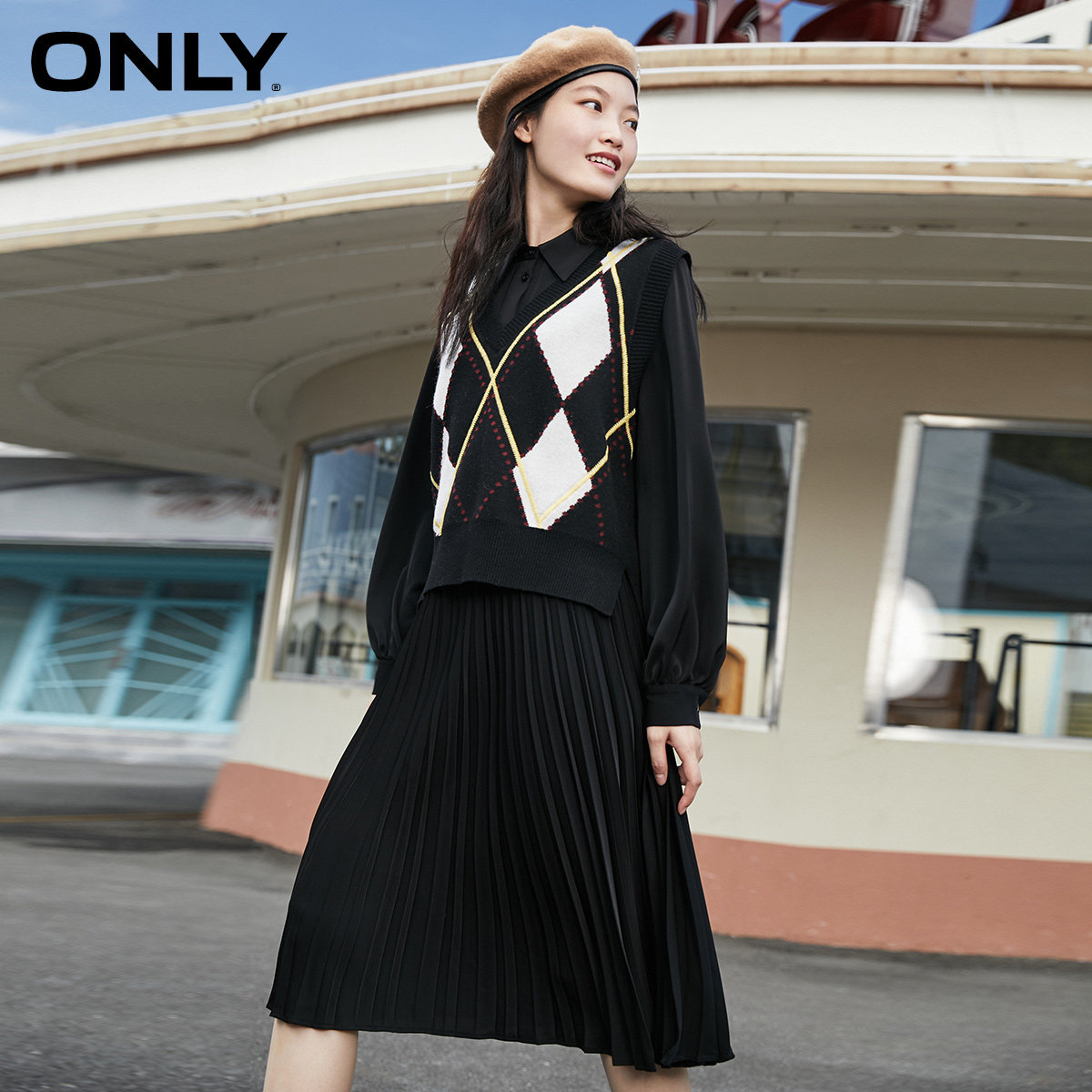 only2021甜美两件套格子针织连衣裙 ONLYoutlets店连衣裙