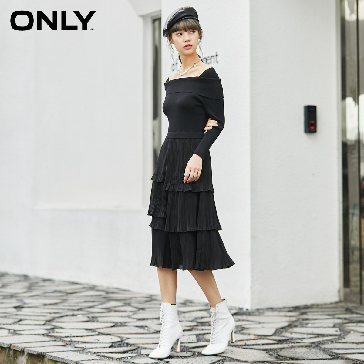 only冬季新款一字领中长款连衣裙 ONLYoutlets店连衣裙