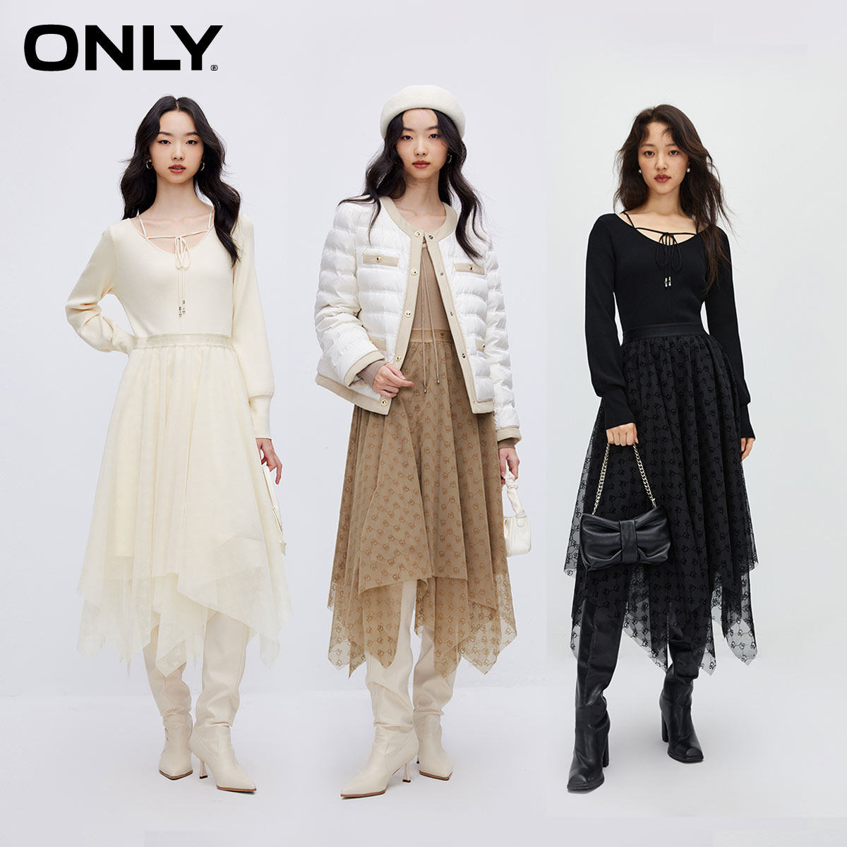 【ONLY奥莱】秋季淑女气质收腰U领中长款纱裙连衣裙女