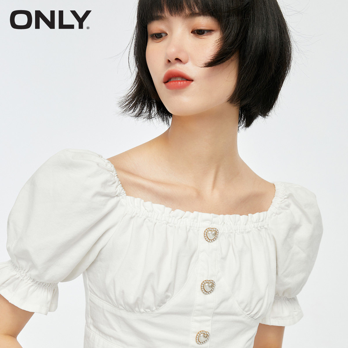 only奥莱春季泡泡袖设计仿珍珠t恤 ONLYoutlets店T恤