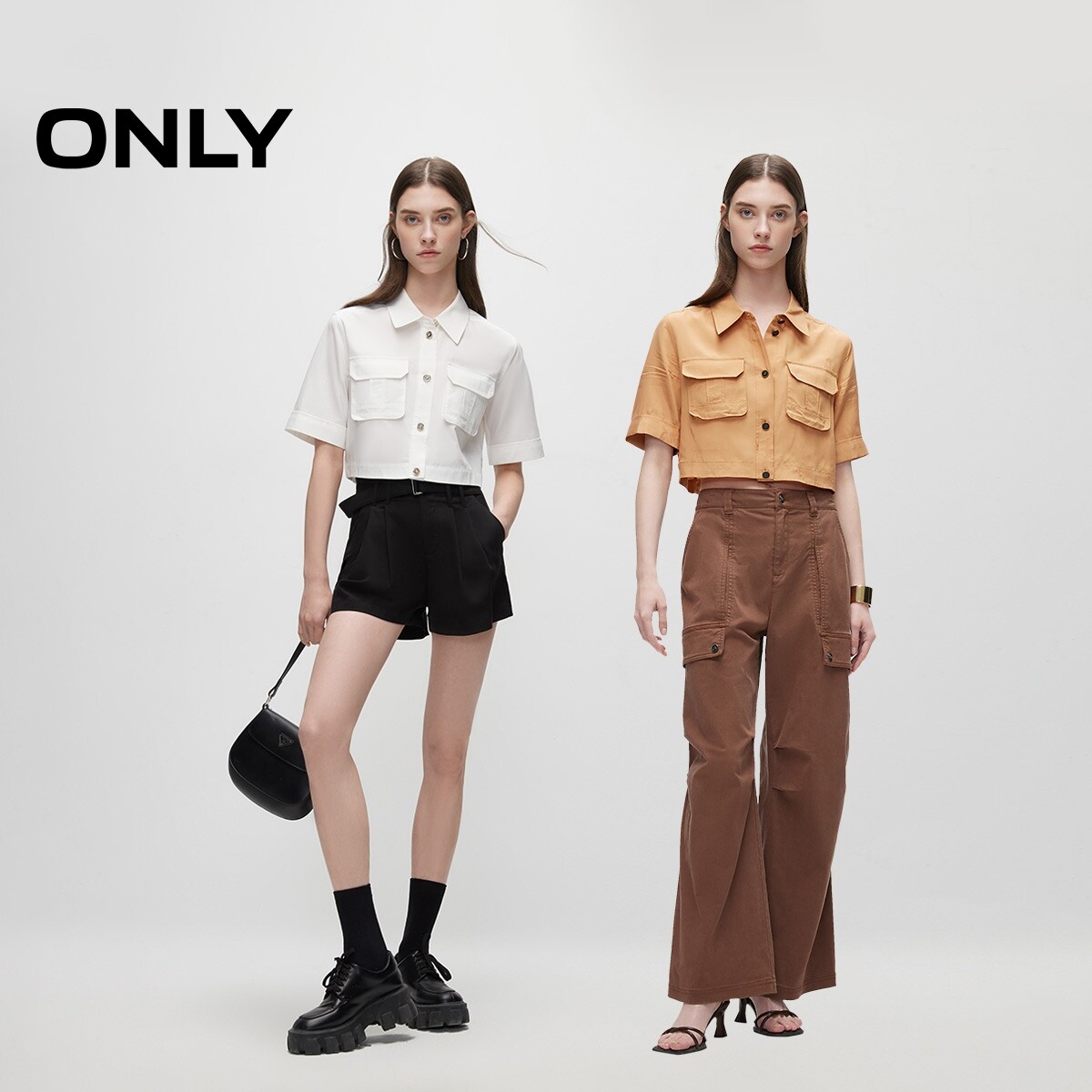 【ONLY奥莱】春夏新款设计感翻领正肩H型短款短袖衬衫女