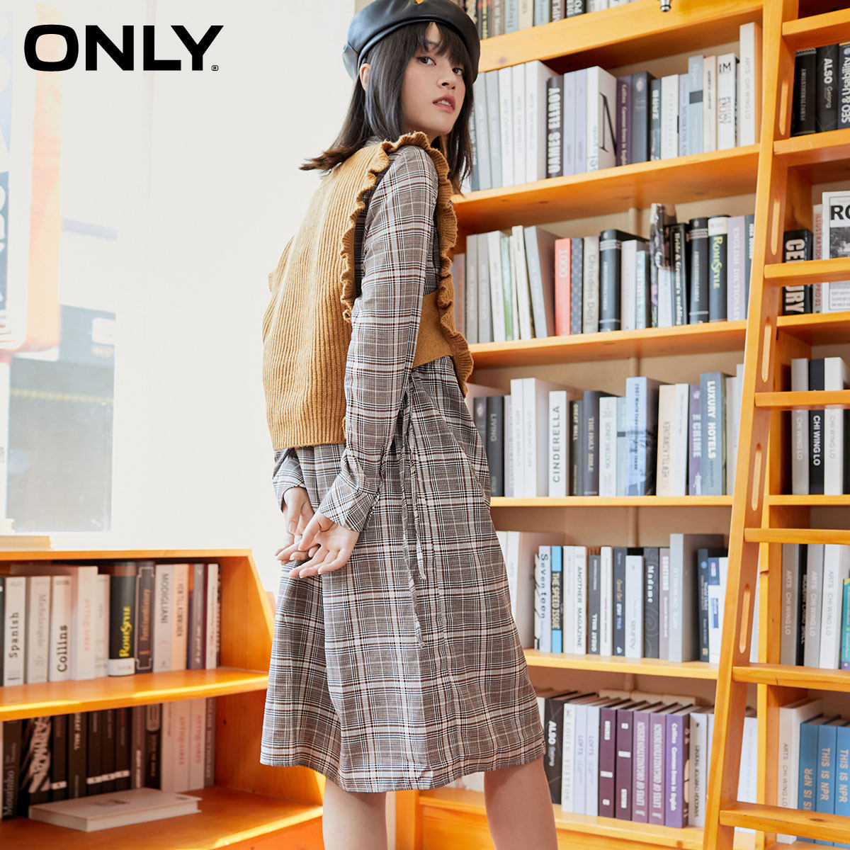 only夏季新款宽松长袖收腰格纹裙子 ONLYoutlets店连衣裙