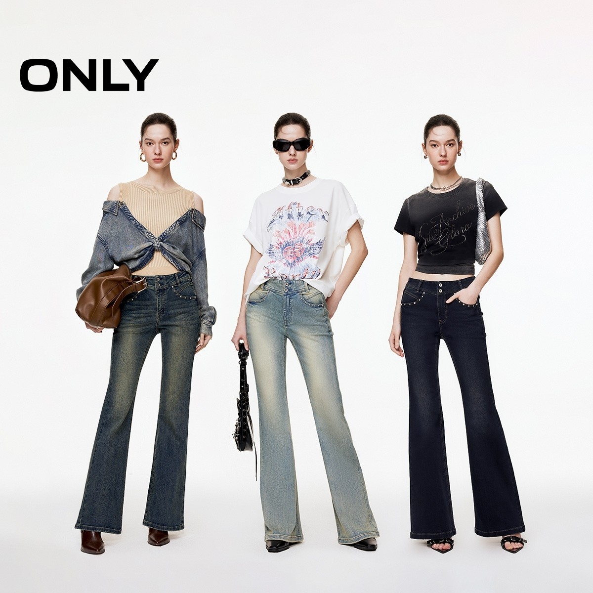 ONLY2025秋冬新款复古做旧磨白水洗酷感铆钉长裤喇叭裤牛仔裤女,淘宝优惠券,粉丝福利购,淘宝优惠卷