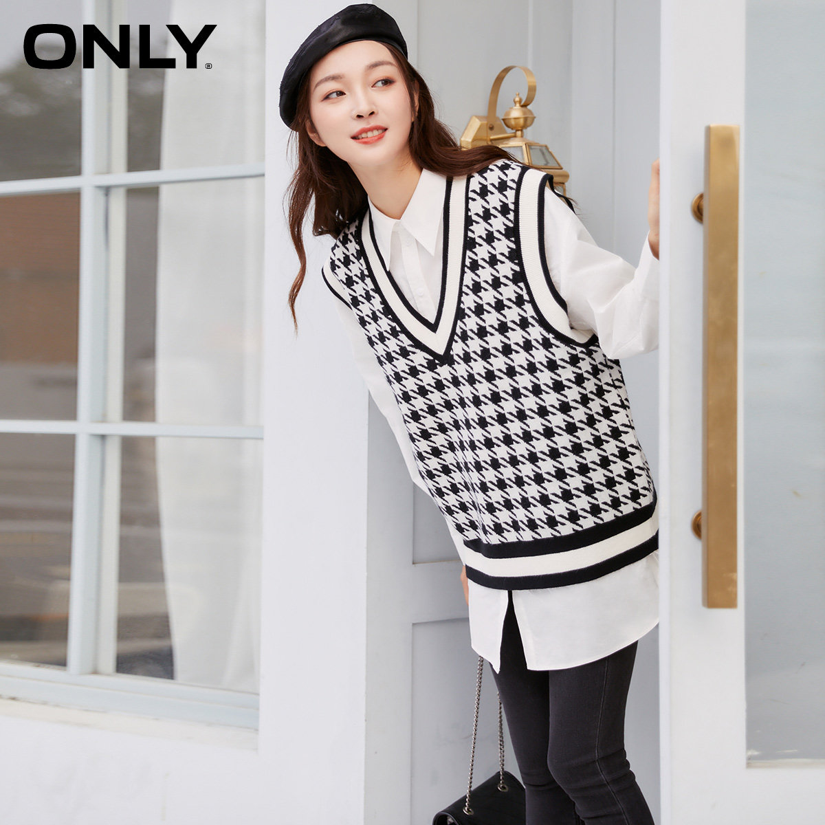 onlyone新款学院v领马甲针织衬衫 ONLYoutlets店连衣裙