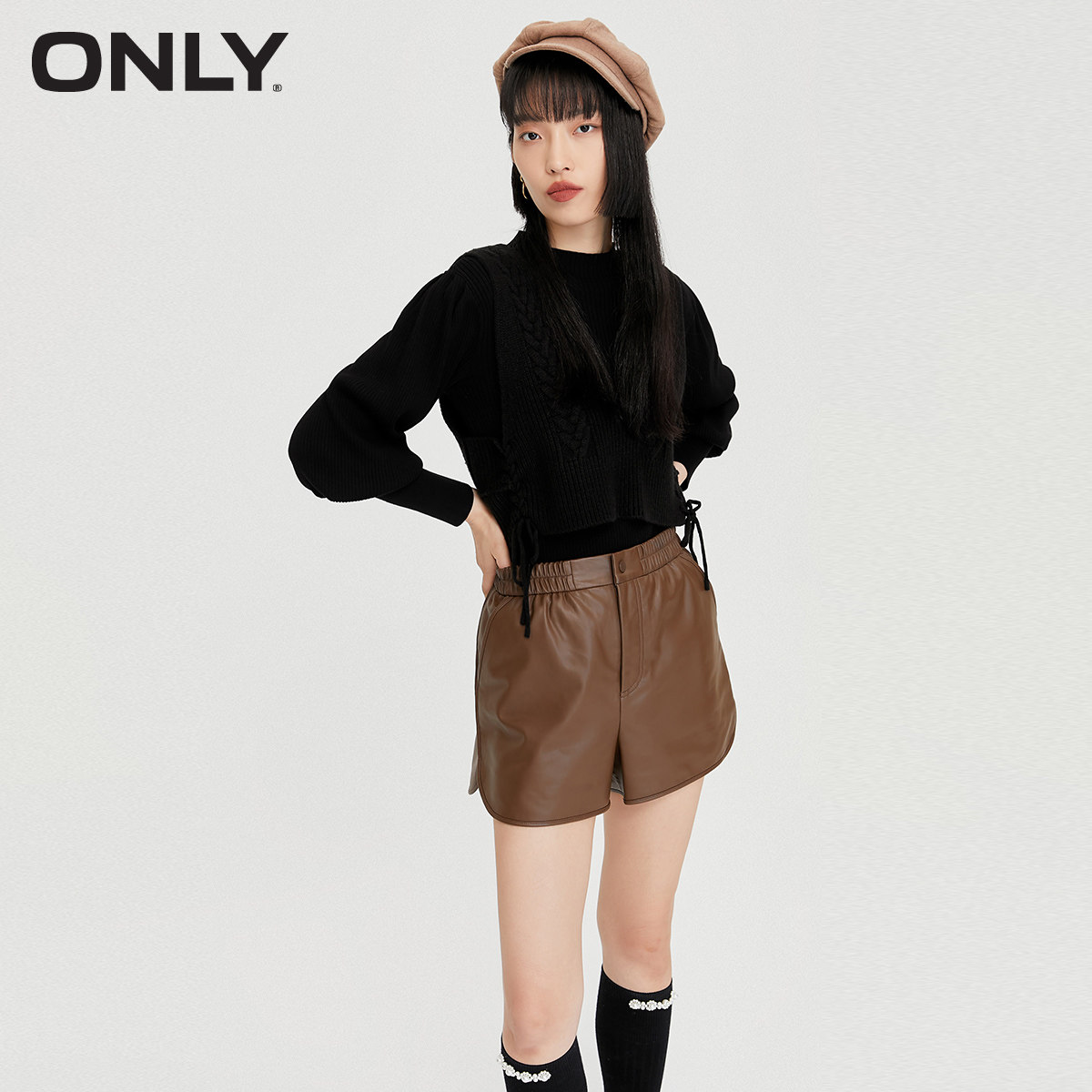 only2021纯色简约高腰直筒pu休闲裤 ONLYoutlets店休闲裤