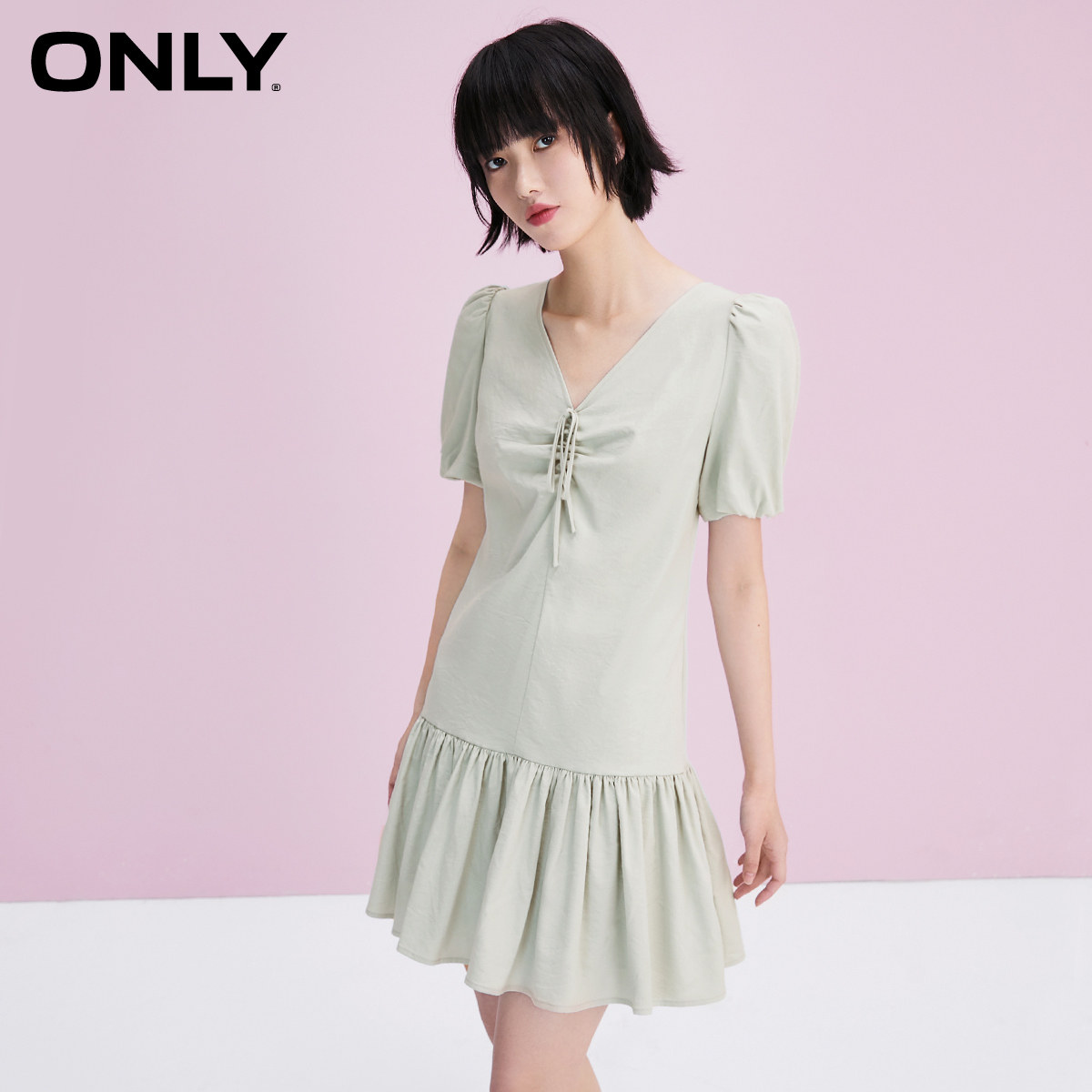 only奥莱春季新款v领荷叶边雪纺 ONLYoutlets店连衣裙