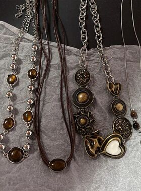 Vintage Leather Brown Stone Pendant Necklace Stacking Choker