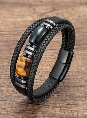 Multi-layer Braided Leather Charm Bracelet Red Blue Tiger Ey