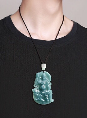 天然A货翡翠蓝水关公武财神吊坠