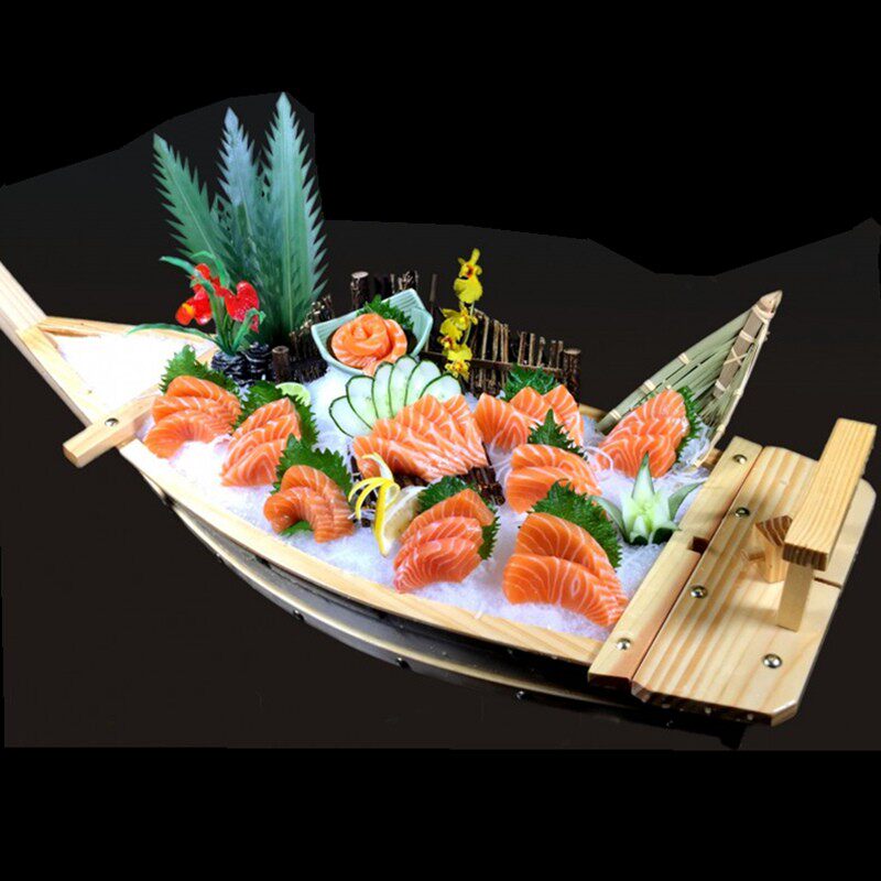 竹木制豪华寿司船龙船刺身船干冰船自助餐海鲜拼盘寿司盛台刺身船
