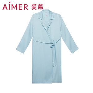爱慕睡衣女夏季薄款含真丝轻羽蕾丝小翻领衬衫家居服睡袍AM487211