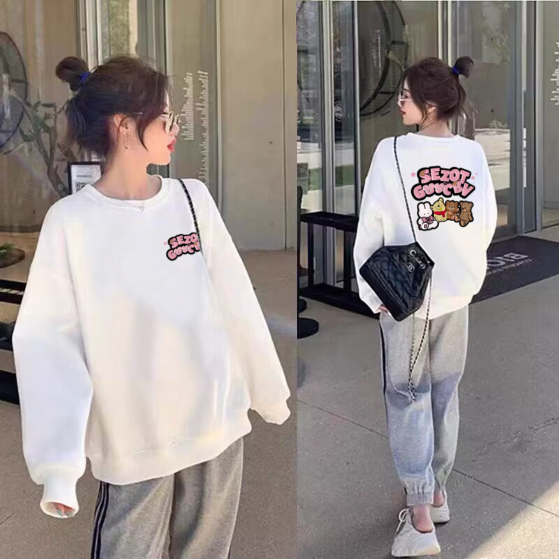 高级感超好看oversize卫衣外套女秋冬加绒宽松大码后背印花上衣白 - 图0