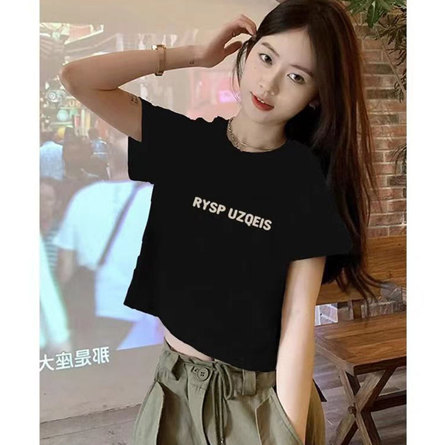 SAFERIDO D24TP152 2025 women's clothing summer new round neck letter printing off the navel super short Spice Girl tight T-shirt top