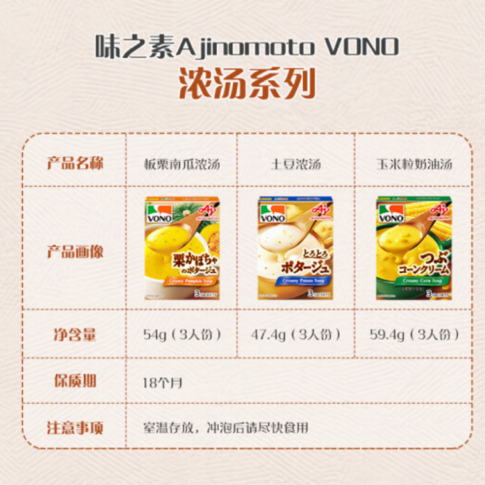 24/10/3 临期 日本 味之素（Ajinomoto）VONO速食浓汤汤粉包3口味 - 图0