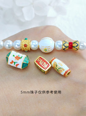 S925古法银镀金配件古法烧蓝桶珠双莲隔珠DIY手链编织饰品