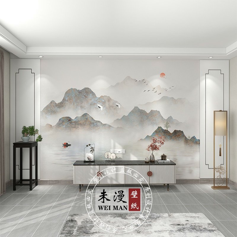 定制壁纸轻奢新中式水墨山水壁布电视背景墙壁画客厅沙发墙布墙纸_虎窝淘