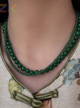 新中式天然绿色玛瑙玉髓串珠项链女碧玉石轻奢翡翠锁骨颈链毛衣c2