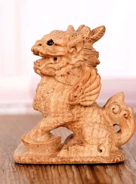 桃木麒麟摆件木雕木质立体一对家居卧室办公室摆设装饰工艺品礼品