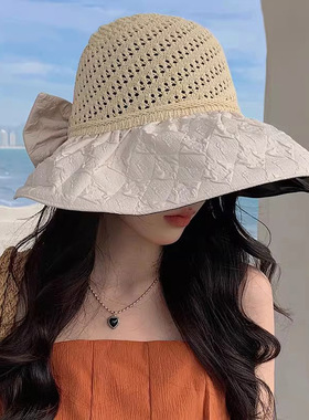 防晒帽出游休闲女夏印花镂空黑胶