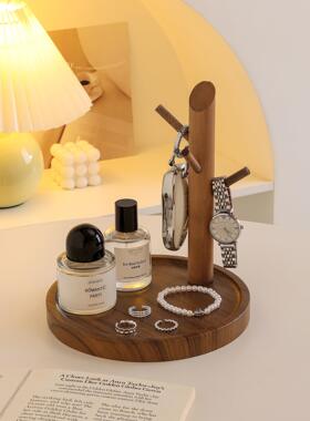 中古风玄关钥匙收纳摆件家用客厅鞋柜置物架入户挂钩木质首饰托盘