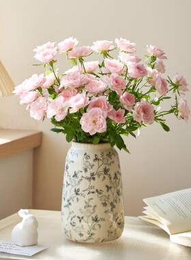 新中式陶瓷花瓶水墨碎花纹圆形水培插花鲜花客厅装饰品摆件高级感