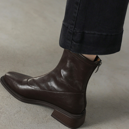 英伦风马丁靴女2025秋冬季新款方头粗跟弹力瘦瘦靴加绒切尔西短靴 - 图1