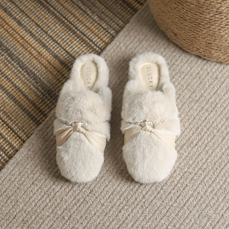 加绒包头半拖鞋女2025冬季新款外穿平底毛毛鞋珍珠仙女风软底棉鞋,淘宝优惠券,粉丝福利购,淘宝优惠卷