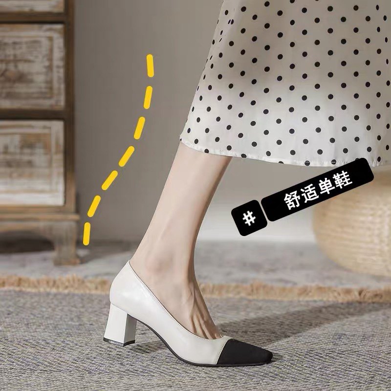 真皮单鞋女2025夏季新款法式仙女方头浅口拼色中跟粗跟气质高跟鞋,淘宝优惠券,粉丝福利购,淘宝优惠卷
