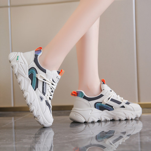 真皮老爹鞋女2025春季新款百搭圆头系带透气跑步鞋厚底轻便运动鞋 - 图0