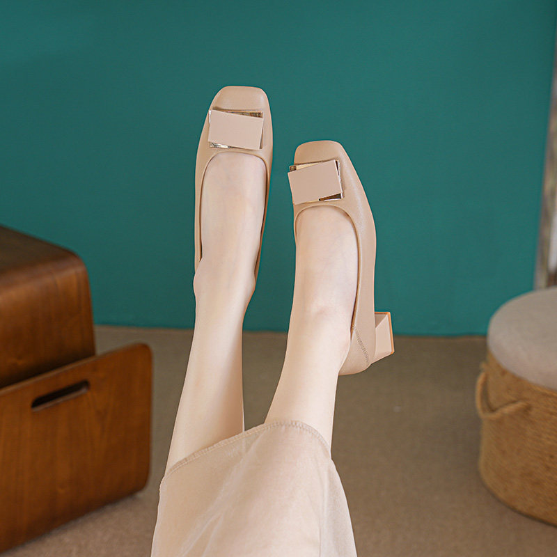 真皮单鞋女2025夏季新款奶奶鞋气质方头浅口中跟粗跟休闲大码瓢鞋,淘宝优惠券,粉丝福利购,淘宝优惠卷