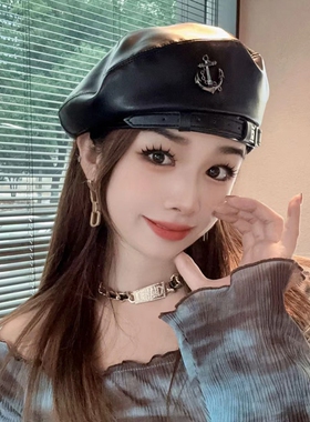 秋冬季英伦风皮带船锚贝雷帽女复古时尚画家帽甜酷风PU皮经典百搭