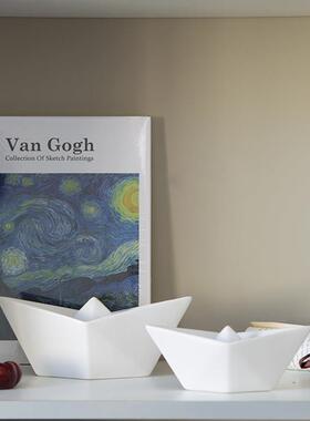 蓝色白色创意陶瓷几何小舟小船折纸模型造型摆件艺术海洋软装饰品