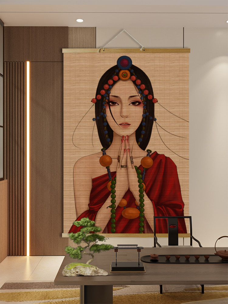 新中式竹帘挂画客厅背景墙禅意挂帘玄关书房茶室复古卷轴装饰帘子_虎窝淘