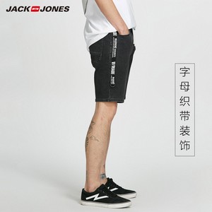 JackJones杰克琼斯春弹力修身抽绳织带装饰黑色牛仔短裤男五分裤