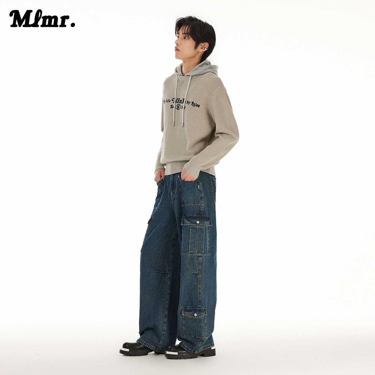 MLMR秋季纯棉舒适做旧字母胶印肌理感提花设计毛衣针织衫男女同款