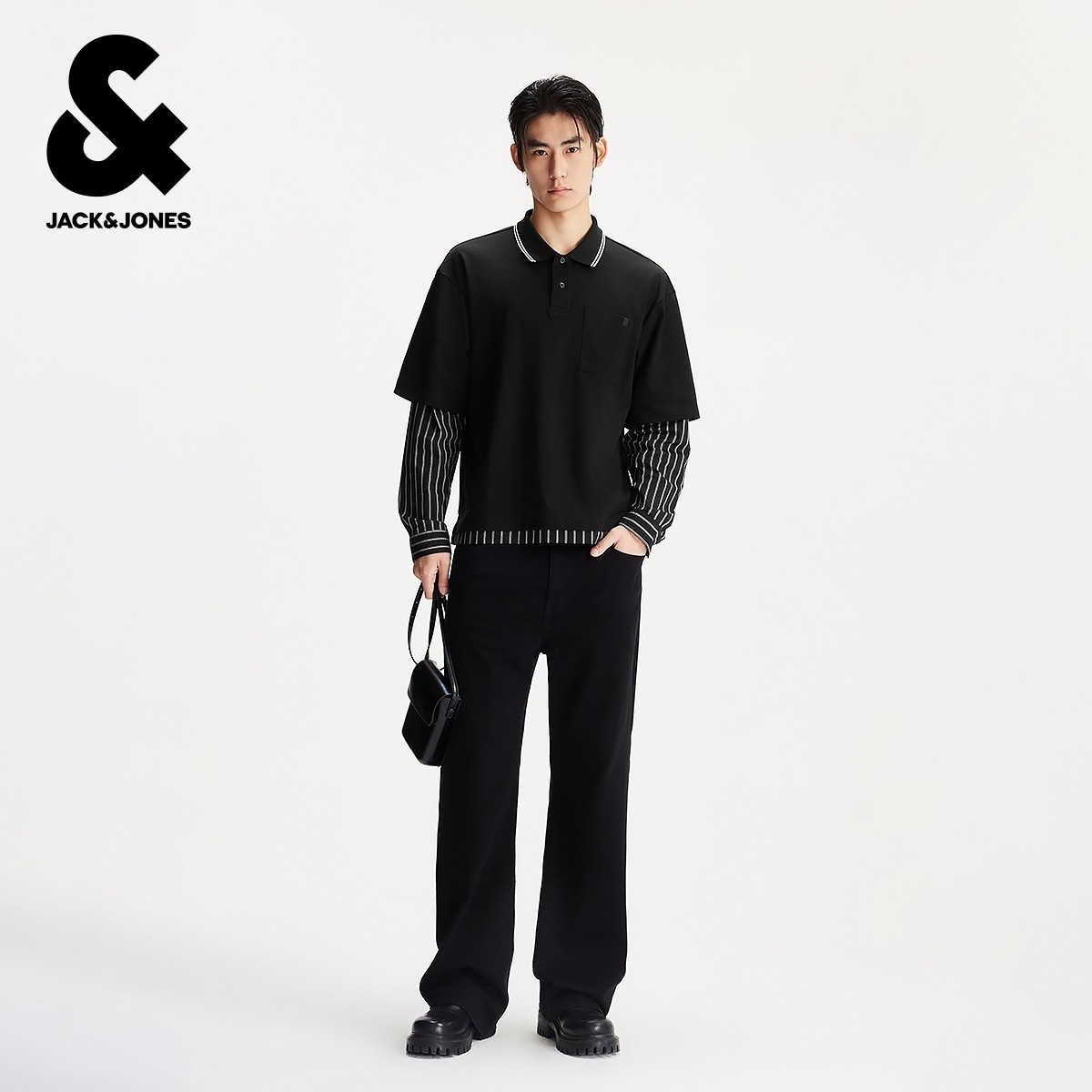 杰克琼斯男装秋季新款商务通勤时尚休闲假两件宽松翻领长袖T恤,淘宝优惠券,粉丝福利购,淘宝优惠卷