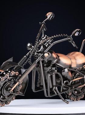 创意摩托车模型摆件哈雷复古怀旧铁艺手工工艺品电视柜装饰品送礼