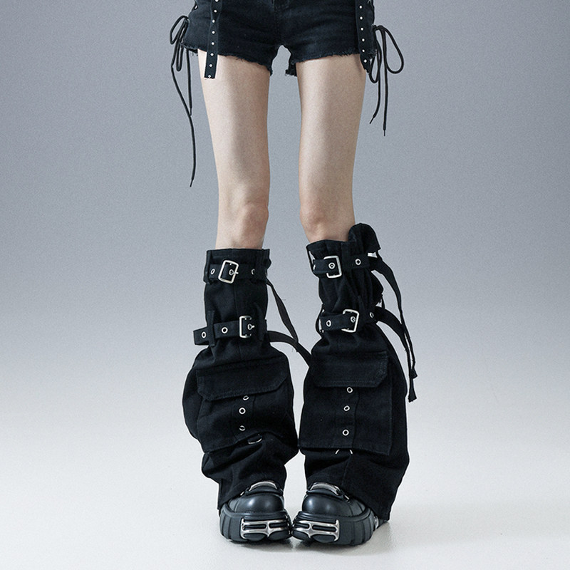 Solost 黑色牛仔腿套女春夏工装口袋绑带微喇显瘦机能风过膝袜套,淘宝优惠券,粉丝福利购,淘宝优惠卷