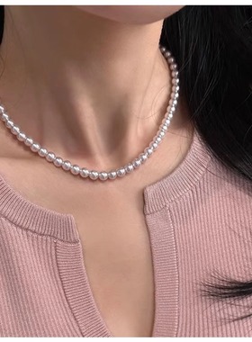 925银施家曼塔玫瑰粉光珍珠项链女正圆强光小众轻奢高级感锁骨链